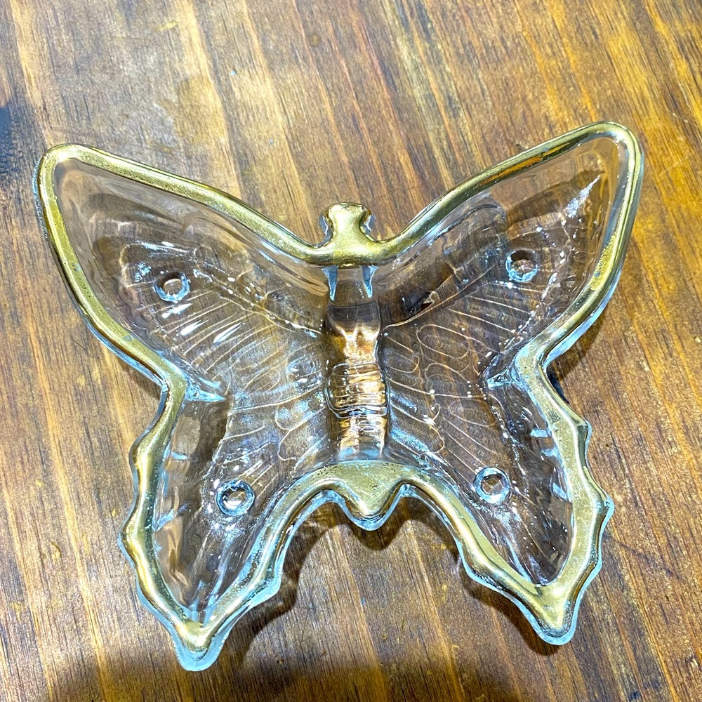 Jeanette Butterfly Clear Glass Gold Rim Jewelry / trinket glass